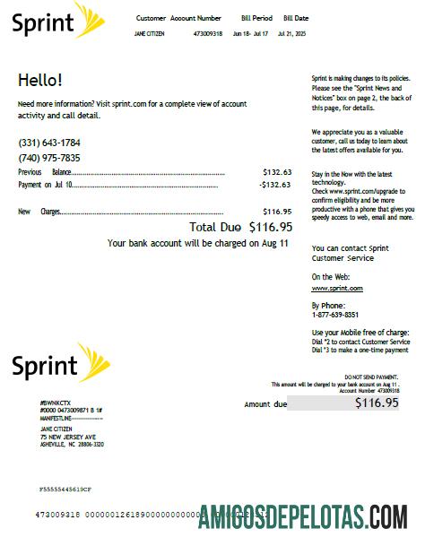 imprimível Modelo de fatura de serviços públicos Sprint dos EUA em formatos Word e PDF, versão 2